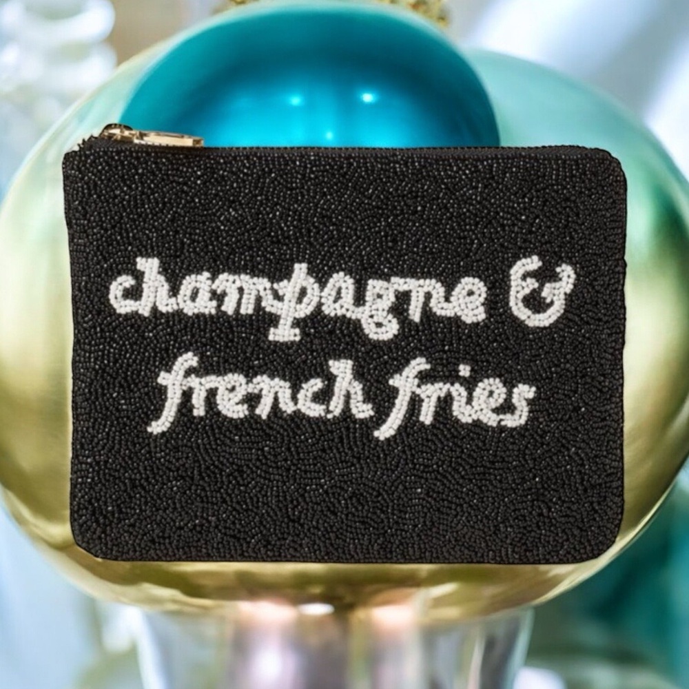 Kate Spade X Target Beaded Pouch with White Text CHAMPAGNE & French Fries NEW - Picture 3 of 7